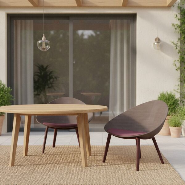 Cushioned Wood-Leg Shell Chair 02 3D model in a outdoor interior scene