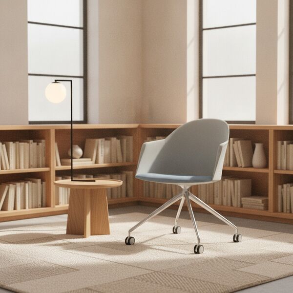 Trestle-Base Shell Armchair 01 3D model in a library interior scene