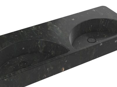 Alice Lunaris Washbasin 121 close perspective render highlighting the double basin shape and surface finishing.