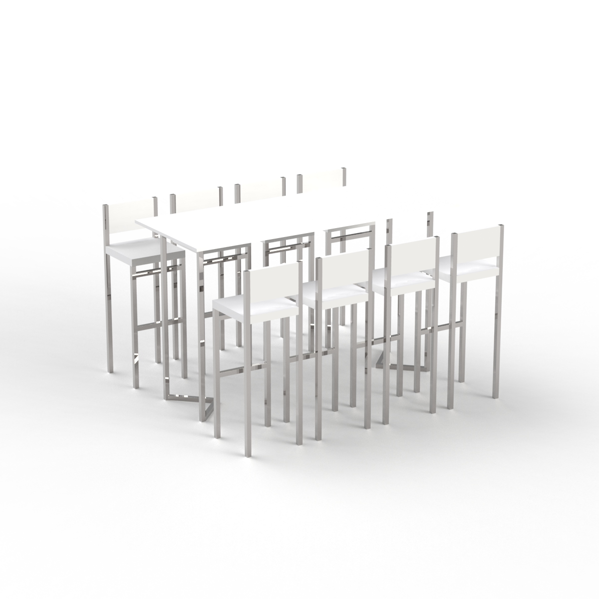 High Rectangular White Table with Stools 01 3D Model